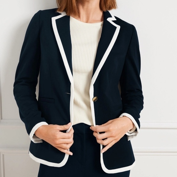 Talbots Black White Trim Luxe Knit Banded Single-Breasted Blazer Jacket - Sz 4 - Picture 1 of 11